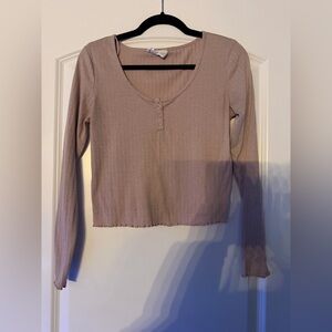 Pink Rose Ribbed Long Sleeve Top - Tan